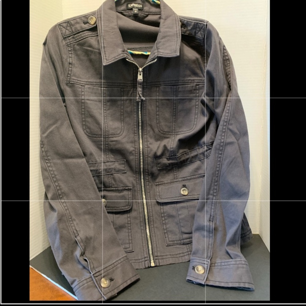 Gray denim military style jacket